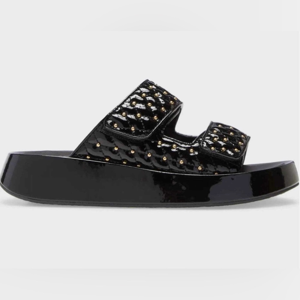 Jeffrey Campbell Scaeva Slide Sandal Black Patent Leather Gold Studs Quilted NEW - Picture 4 of 9